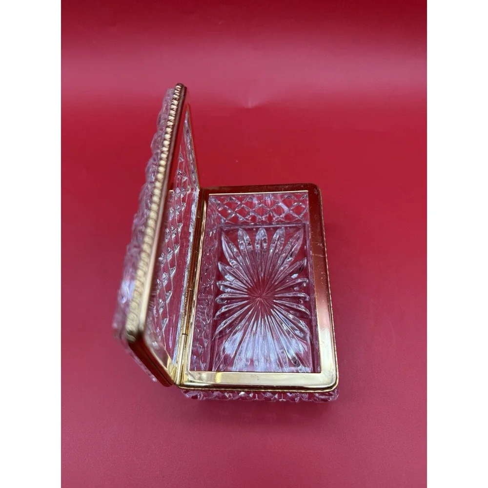 Baccarat StyleFrench Diamond Cut Crystal Jewelry Casket Brass Hinged Trinket Box